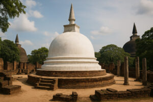 Sacred white stupa surrounded by ancient ruins at Kiri Vehera Polonnaruwa under a clear blue sky