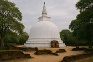 Sacred white stupa surrounded by ancient ruins at Kiri Vehera Polonnaruwa under a clear blue sky