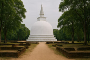 Sacred white stupa surrounded by ancient ruins at Kiri Vehera Polonnaruwa under a clear blue sky