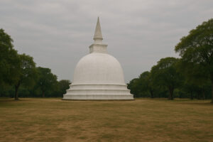 Sacred white stupa surrounded by ancient ruins at Kiri Vehera Polonnaruwa under a clear blue sky