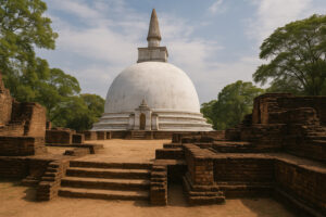 Sacred white stupa surrounded by ancient ruins at Kiri Vehera Polonnaruwa under a clear blue sky
