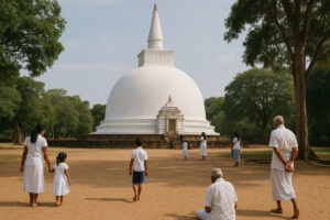 Sacred white stupa surrounded by ancient ruins at Kiri Vehera Polonnaruwa under a clear blue sky