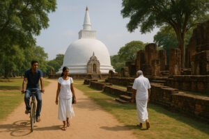 Sacred white stupa surrounded by ancient ruins at Kiri Vehera Polonnaruwa under a clear blue sky