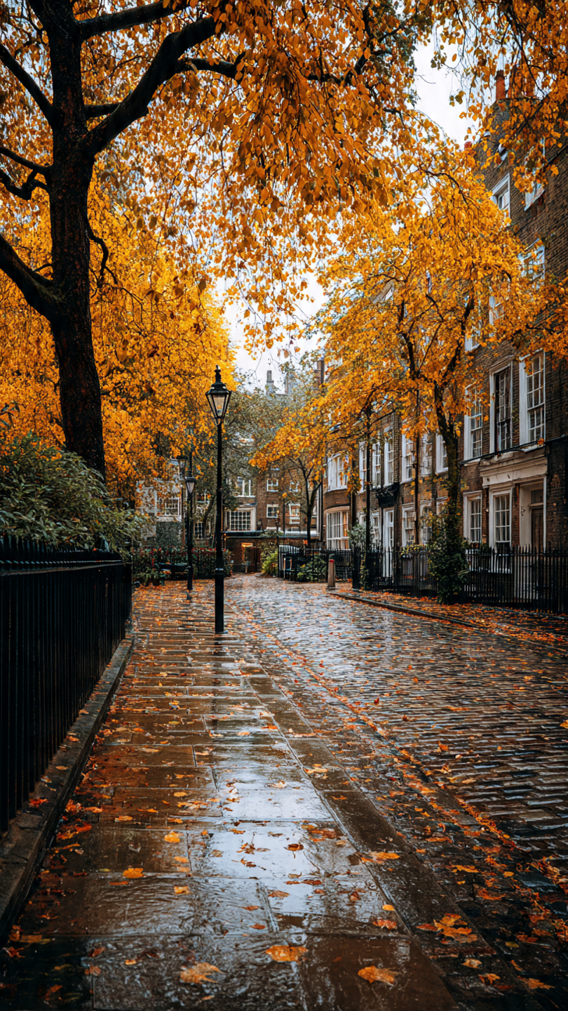 Autumn street in London with golden leaves and historic townhouses, reflecting seasonal things to do in London such as neighborhood walks, photography, and experiencing the city’s changing seasons.