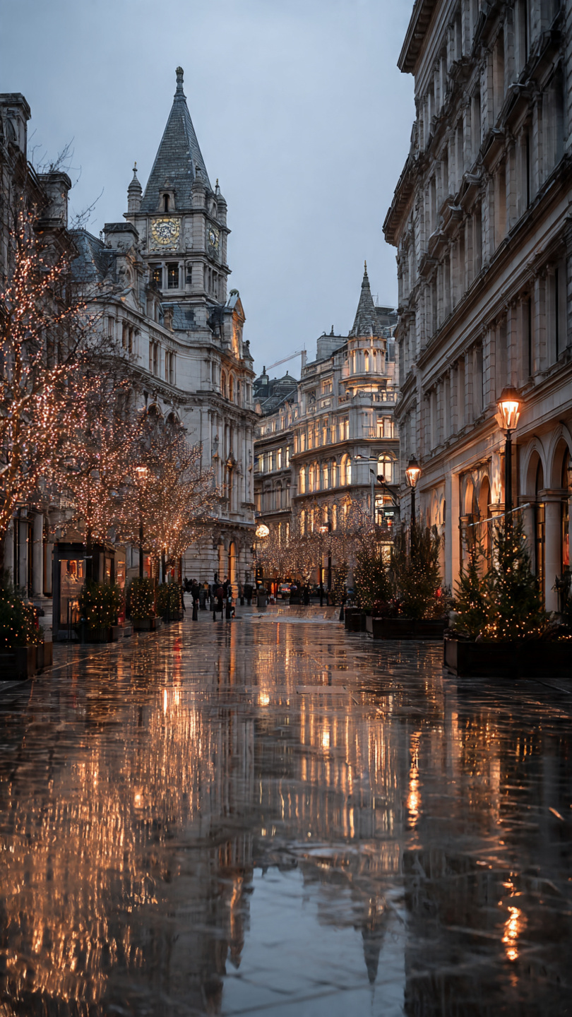 Rainy evening street scene in central London with historic architecture and warm lights, highlighting seasonal things to do in London such as evening walks, city photography, and atmospheric urban exploration year round.