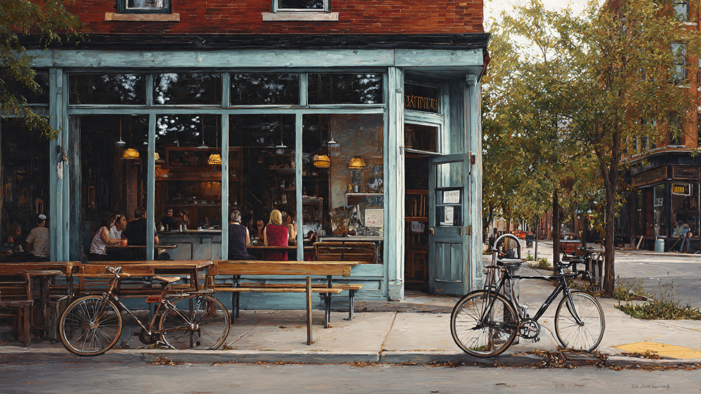 Everyday Midwest culture scene representing food and local life in places to visit in the Midwest USA with a small town café setting