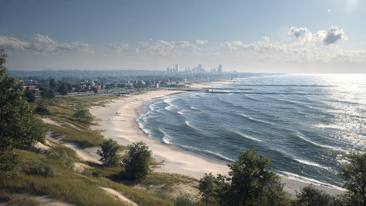 Great Lakes scenery highlighting places to visit in the Midwest USA with a lakefront town, sandy shoreline, and distant city skyline