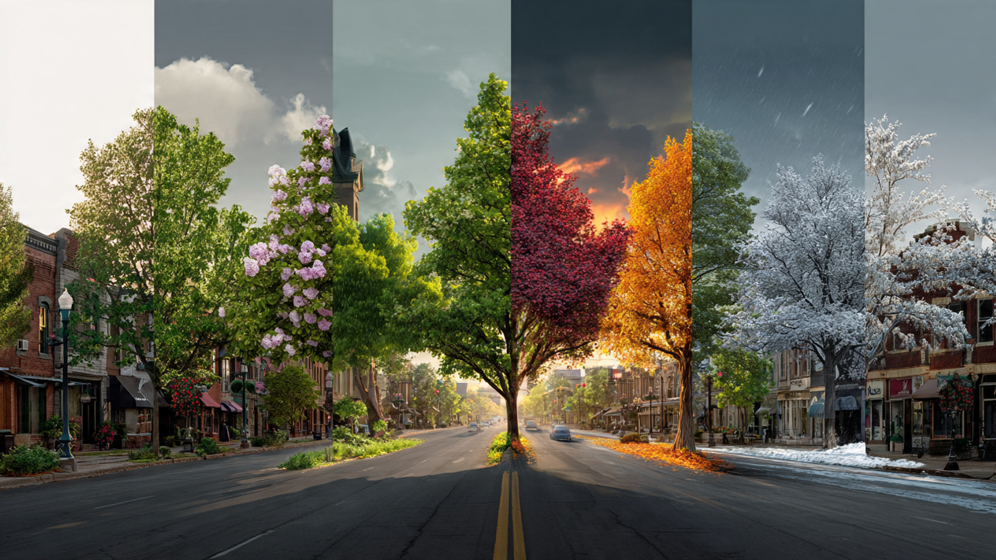 Seasonal Midwest landscape showing how places to visit in the Midwest USA change across spring, summer, autumn, and winter