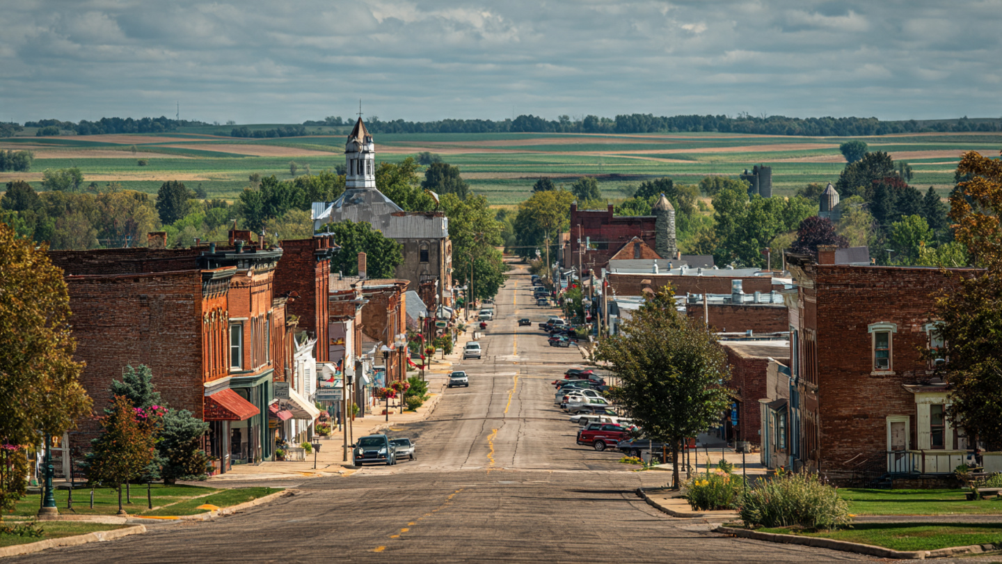 Small town and rural countryside representing places to visit in the Midwest USA with farmland, historic buildings, and quiet roads