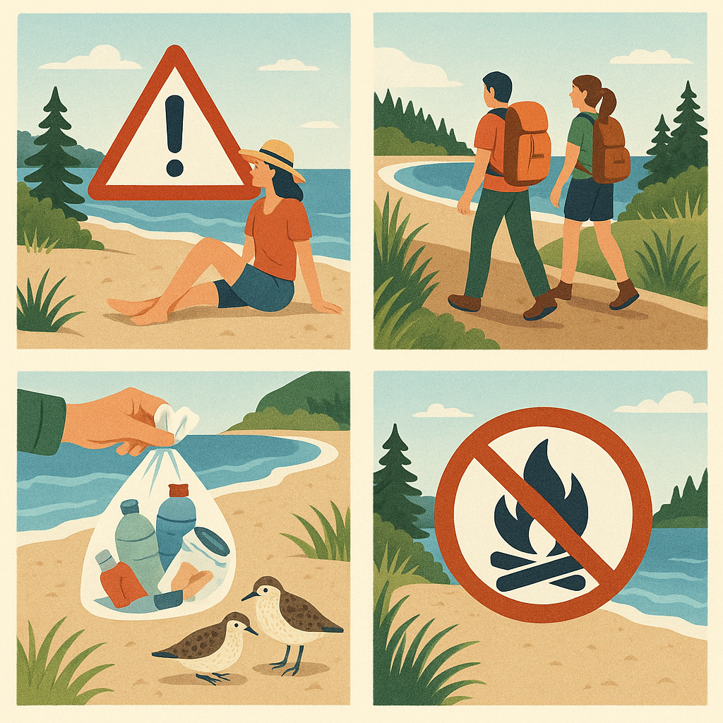 Hikers cleaning up litter and respecting wildlife at a secluded coastline, illustrating how Leave No Trace principles help protect secret beaches in Maine.
