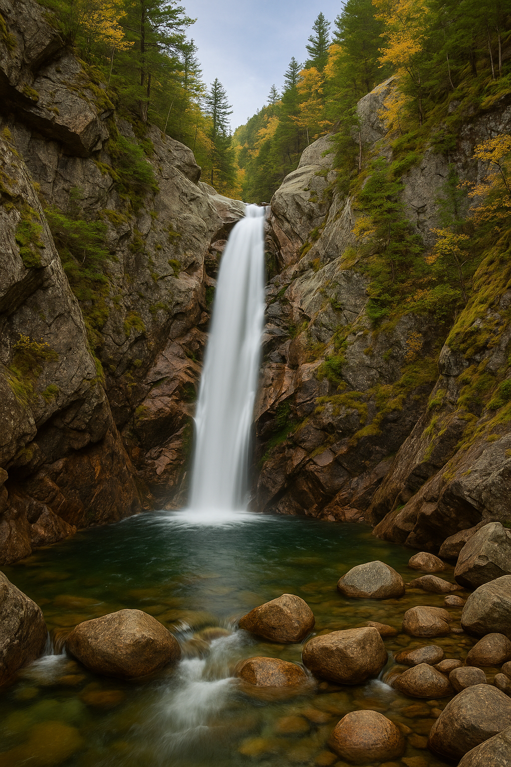 Glen Ellis Falls in New Hampshire cascading down a rocky cliff surrounded by lush forest, a top pick among the best waterfalls in New England.