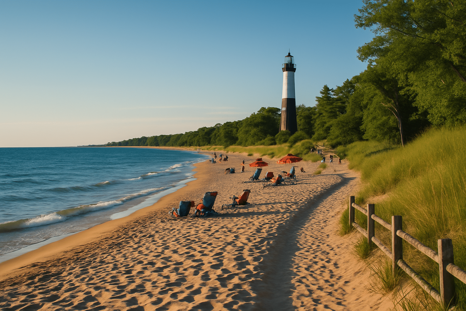 Sandy shoreline at Ludington State Park with a lighthouse, calm waters, and visitors enjoying one of the scenic Lake Michigan beaches.