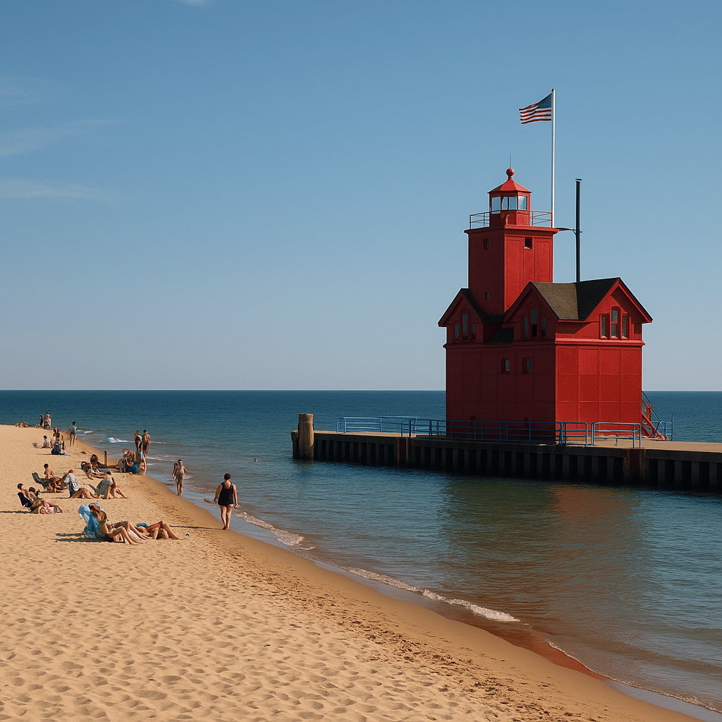 Big Red Lighthouse at Holland State Park with visitors relaxing on the sandy shore of Lake Michigan beaches under a clear sky.