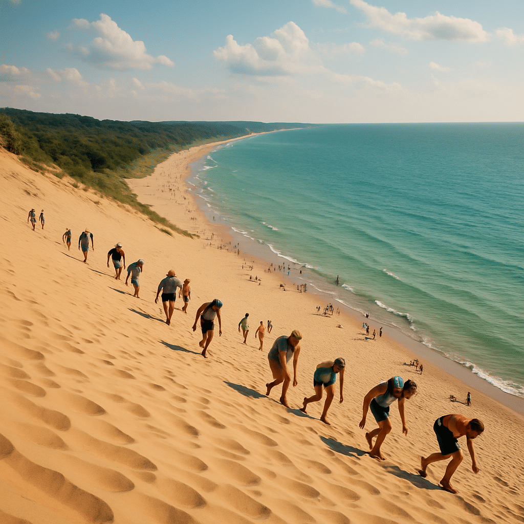 Visitors climbing the towering sand dunes at Warren Dunes State Park, with Lake Michigan beaches stretching along the shoreline.