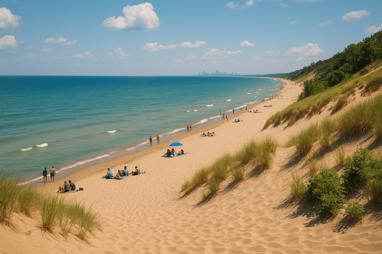Sandy shoreline at Indiana Dunes National Park with visitors enjoying Lake Michigan beaches and views of the Chicago skyline.