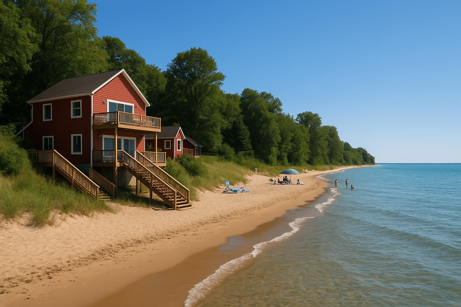 Red lakefront cottages with balconies overlooking sandy Lake Michigan beaches, surrounded by greenery on a sunny day.