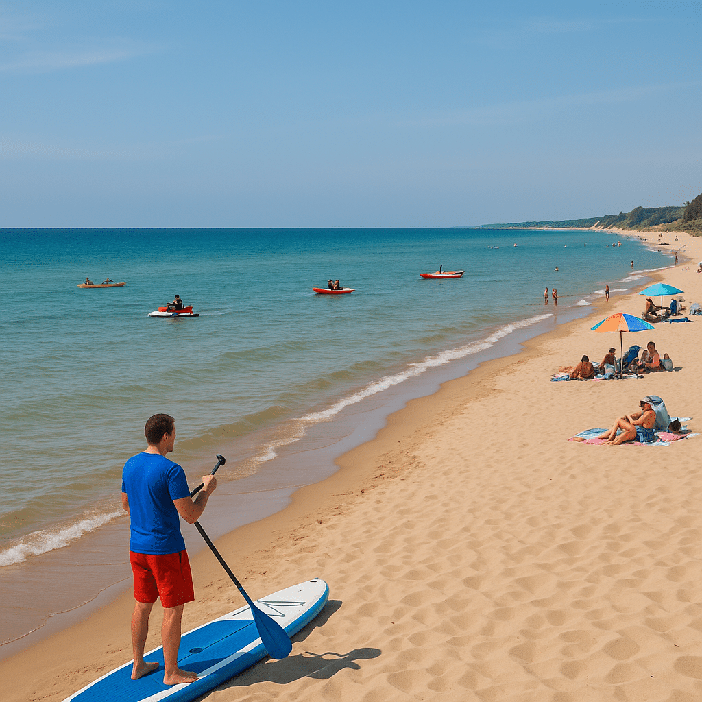 Man paddleboarding near the shore with kayakers and beachgoers enjoying sunny Lake Michigan beaches.