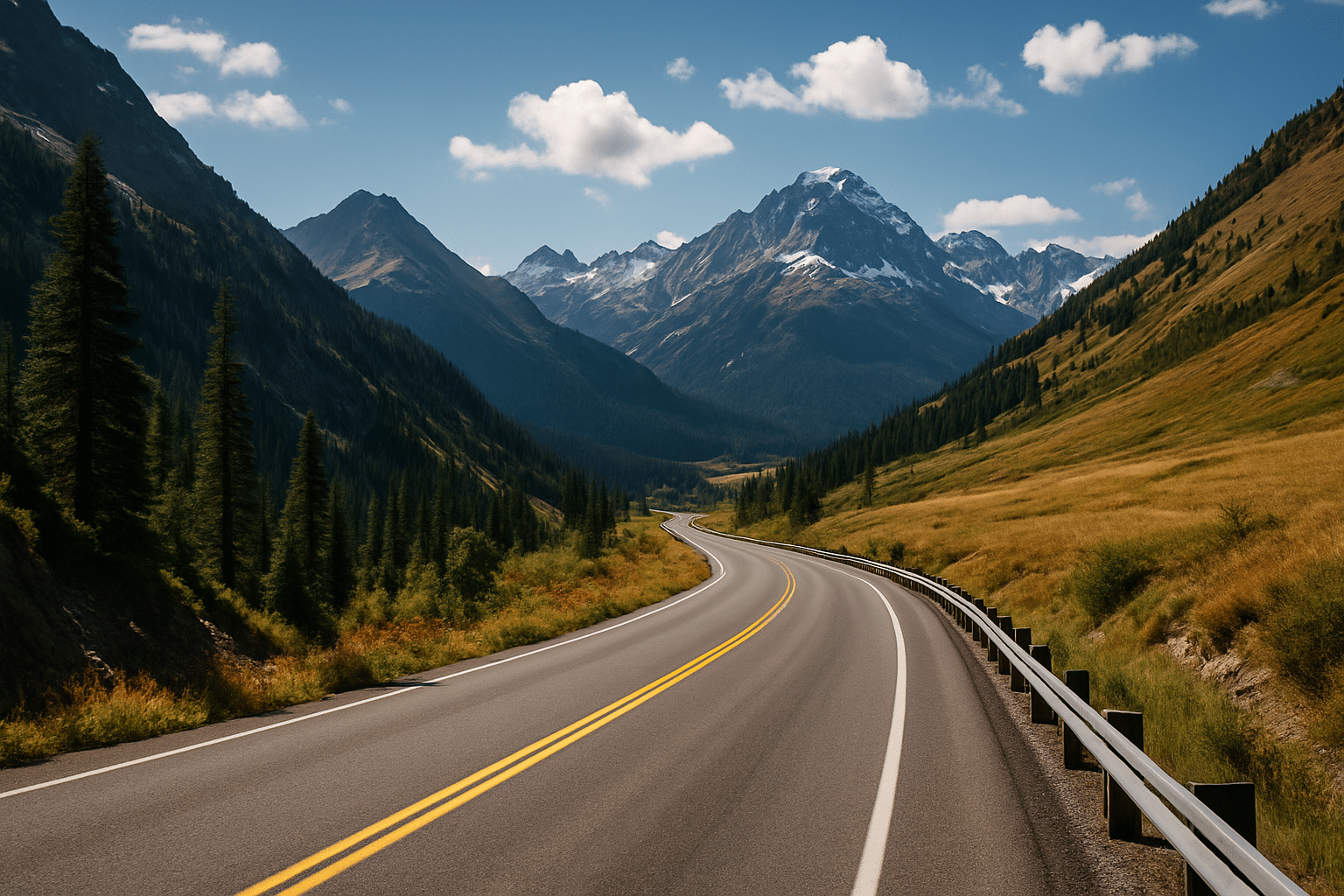 Winding mountain road surrounded by forests and snow-capped peaks, showcasing the beauty of US scenic byways.