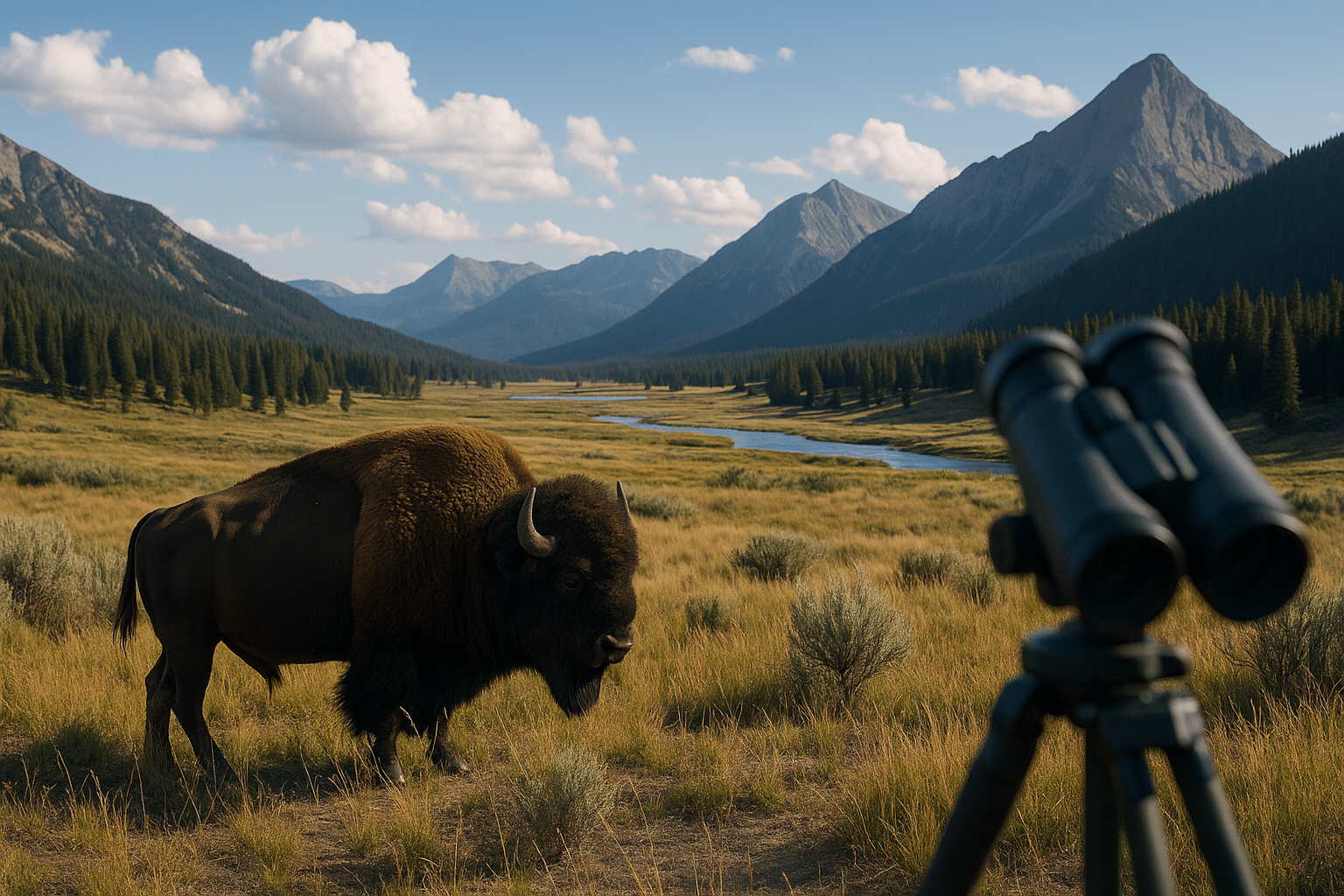 Bison grazing in a mountain valley along one of the US scenic byways, with rivers, forests, and peaks in the background.