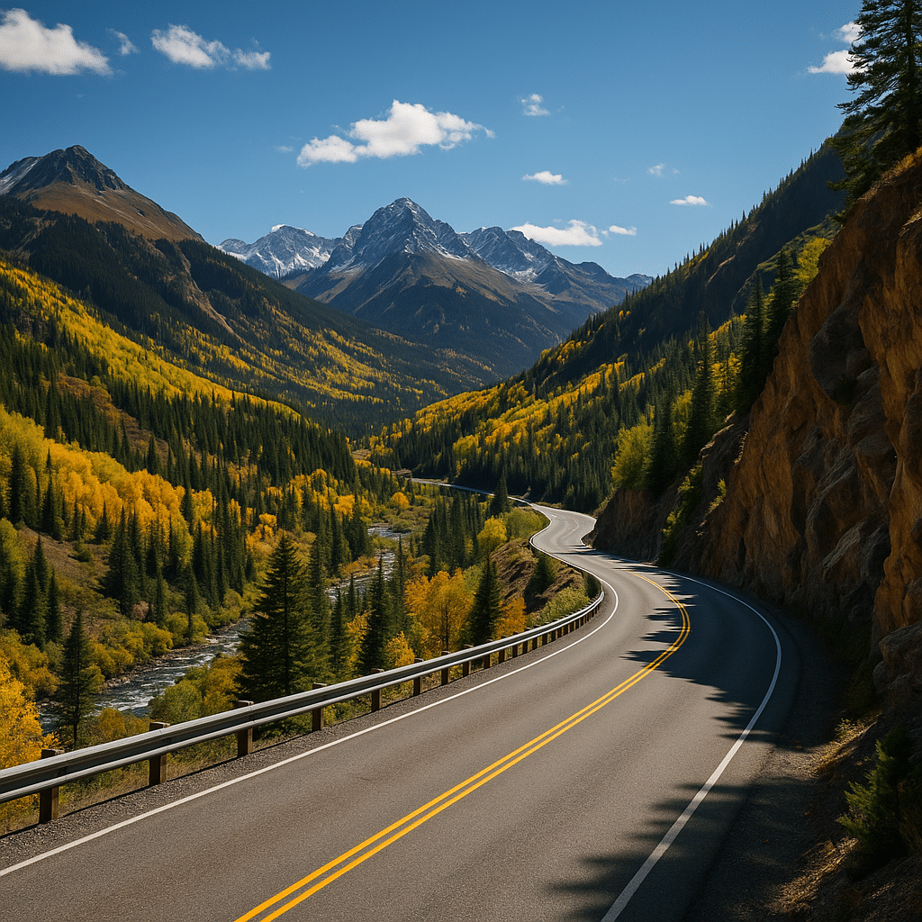 Winding road along the Million Dollar Highway route, surrounded by colorful autumn trees and snow-capped mountains.