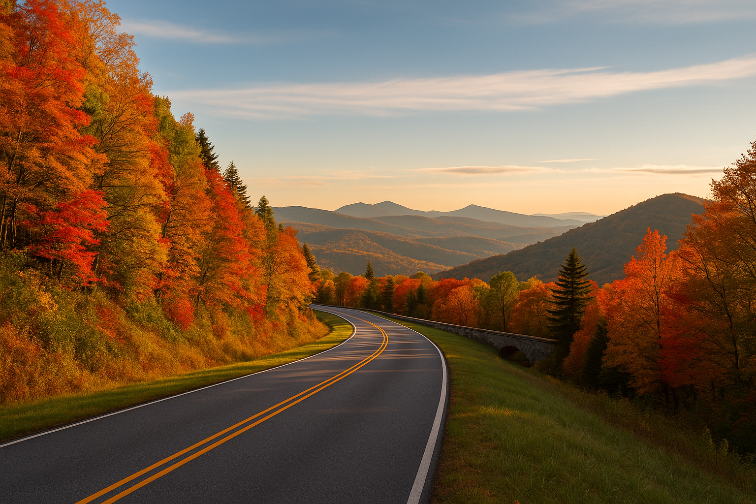 Winding road on the Blue Ridge Parkway, known as America’s Favorite Drive, surrounded by vibrant autumn foliage and mountain views.