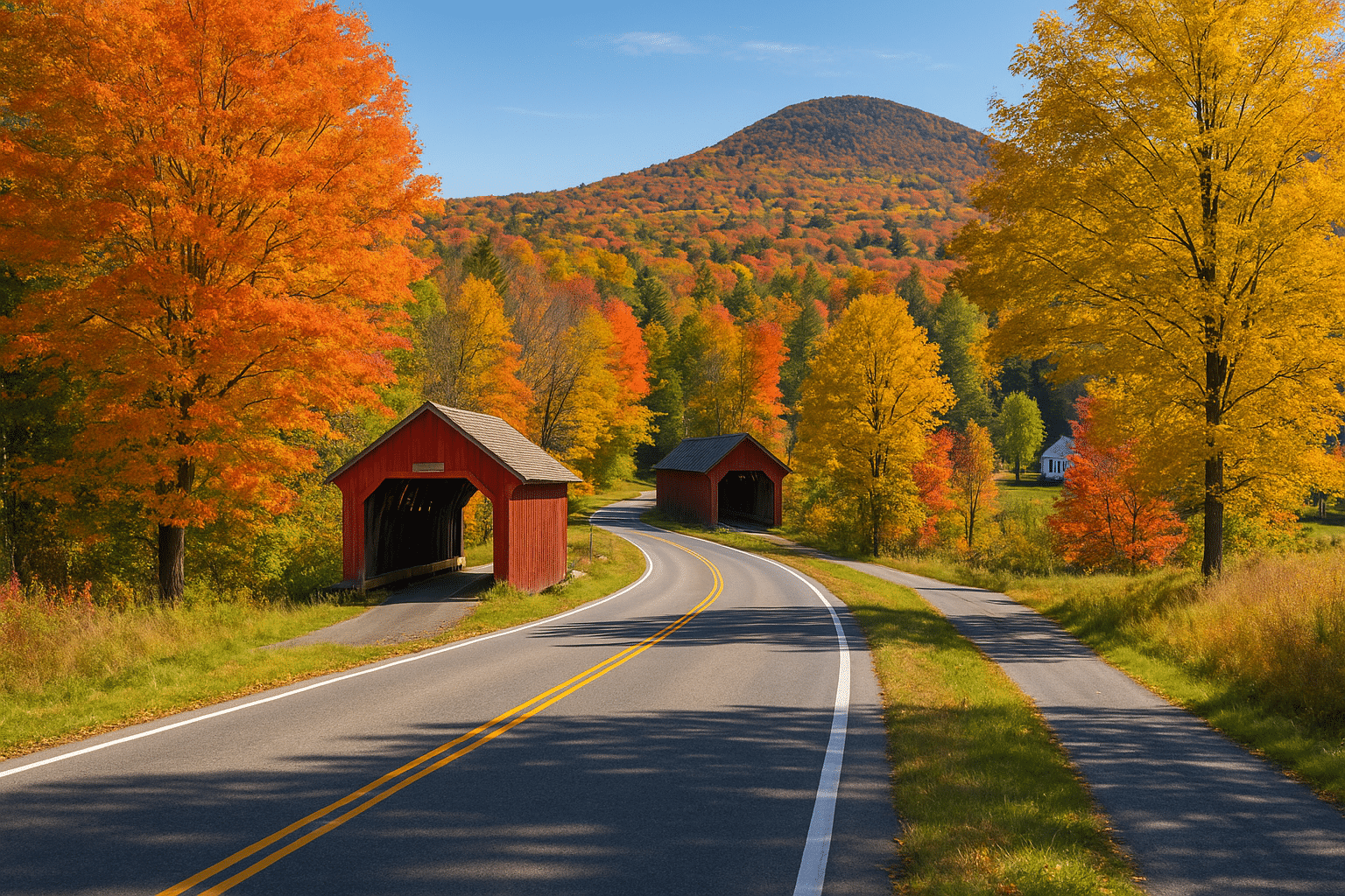 Scenic autumn view of Vermont’s Route 100, a quintessential New England drive, with red covered bridges and colorful foliage.