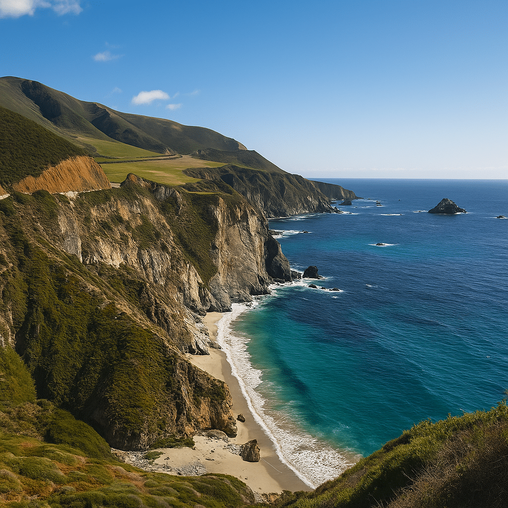 Dramatic coastal cliffs and turquoise waters along the Pacific Coast Highway, offering iconic ocean views on every turn.