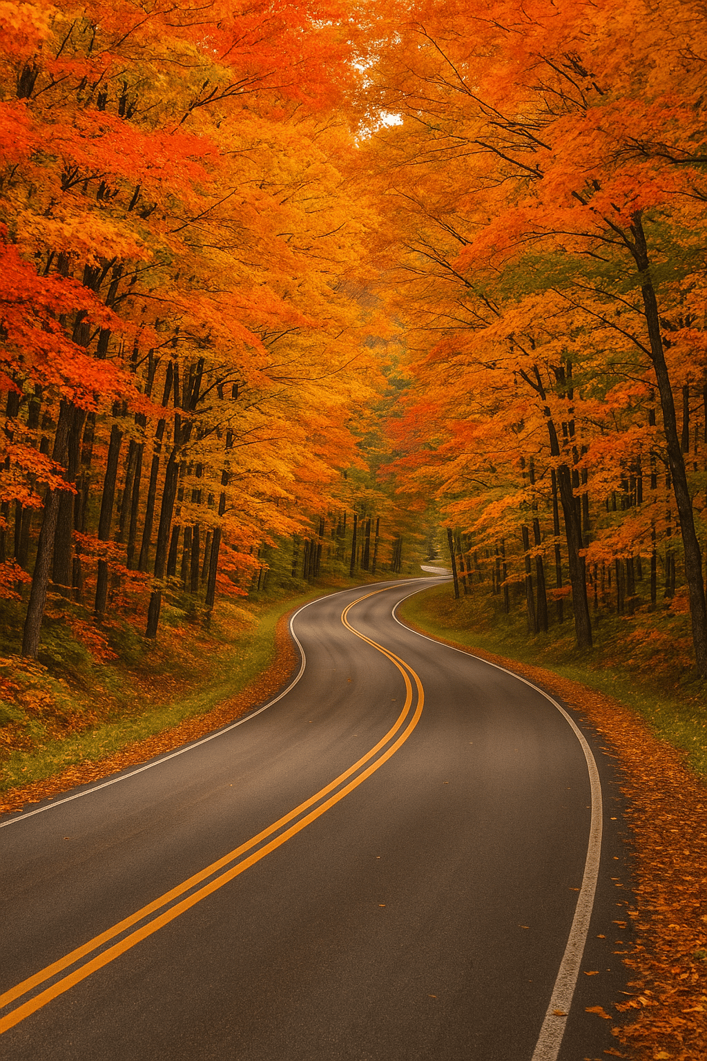 Winding forest road on the Kancamagus Highway surrounded by vibrant red, orange, and yellow autumn foliage.