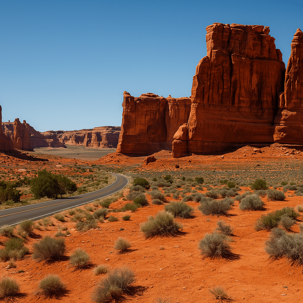 Red rock formations and desert landscape along a scenic byway, with a winding road and sparse vegetation under a clear sky.
