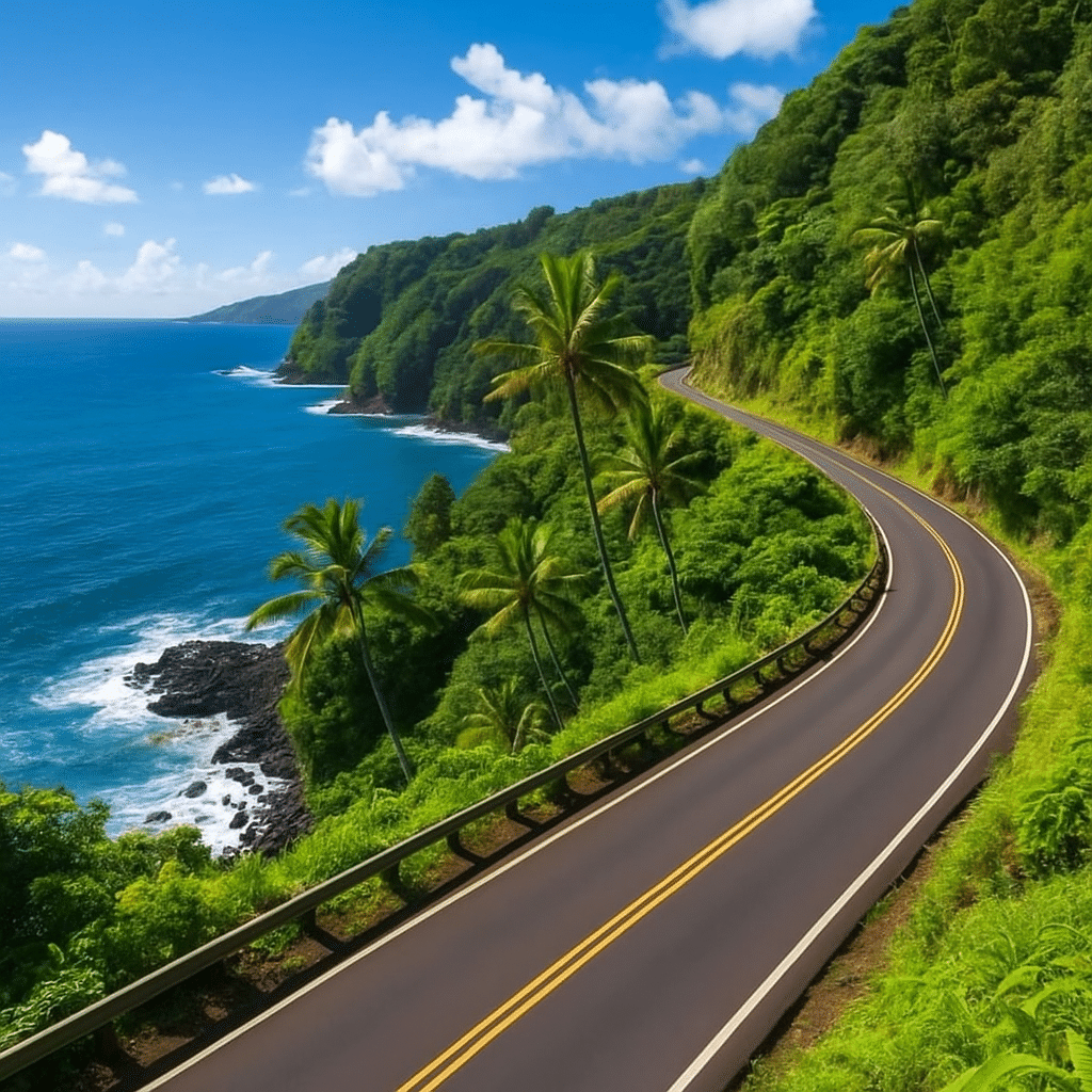 Winding Hana Highway in Maui, Hawaii, hugging lush green cliffs with palm trees and blue ocean waves below.