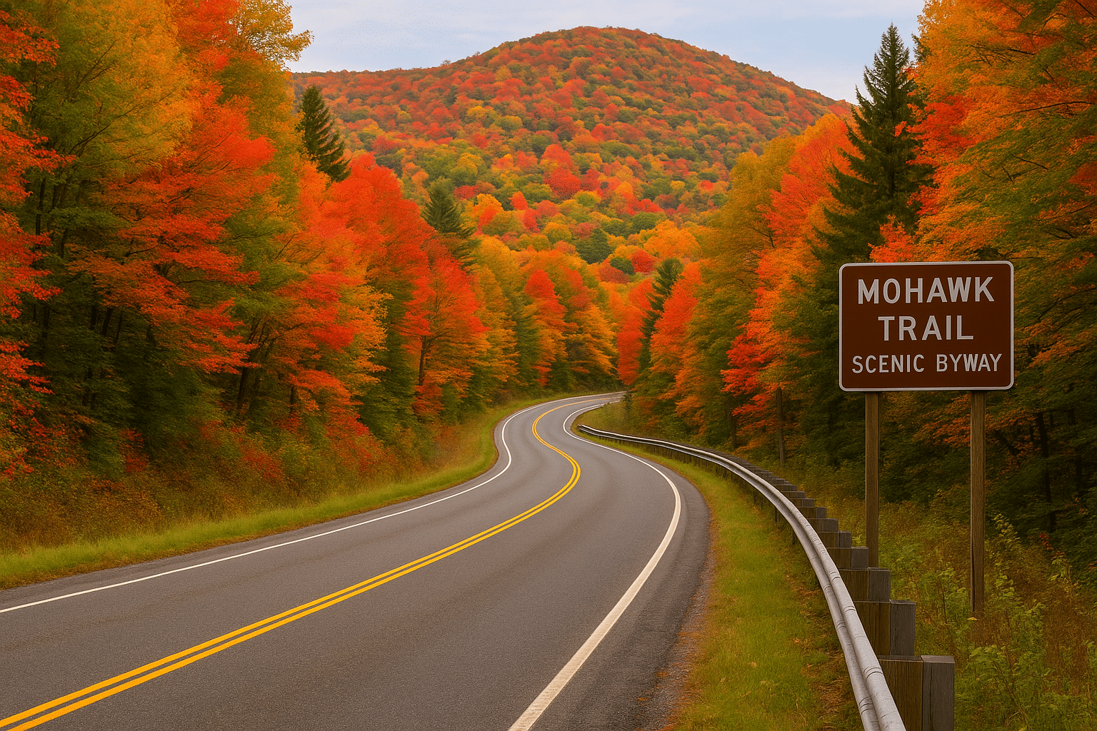 Winding Mohawk Trail Scenic Byway in Massachusetts surrounded by vibrant autumn foliage in red, orange, and yellow hues.