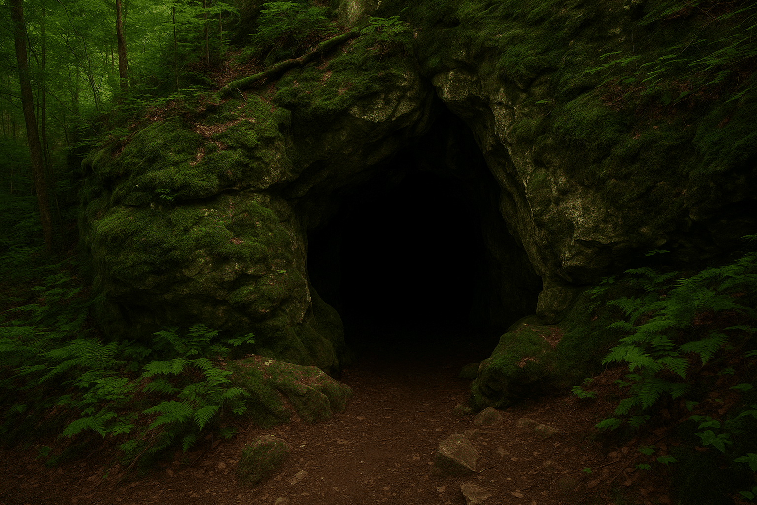 Entrance to a hidden cave in Northeast America, framed by moss-covered limestone and dense forest greenery.