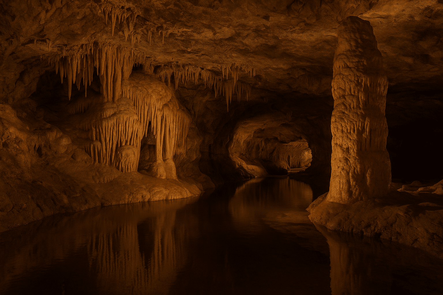 Pennsylvania’s Time-Capsule Chambers featuring illuminated stalactites, stalagmites, and calm reflective water in a limestone cave.