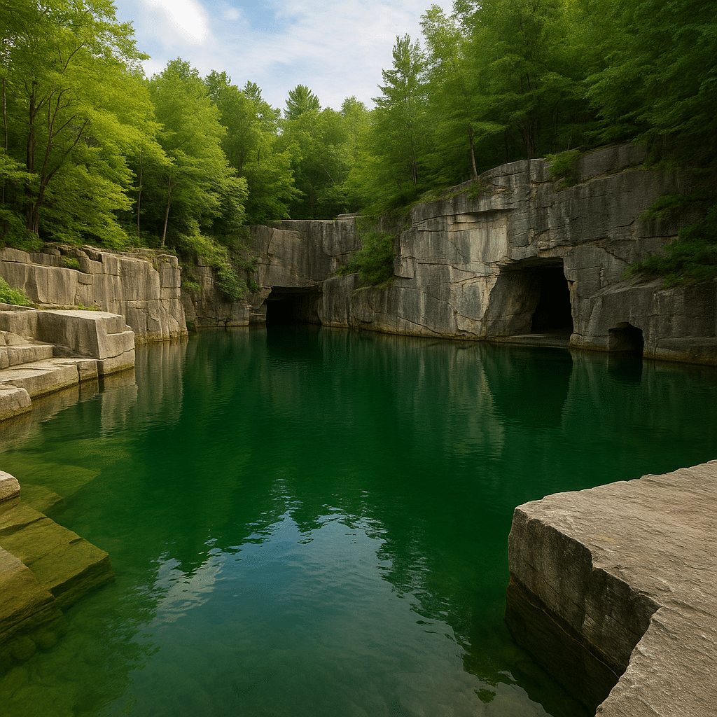 Vermont’s Marble Memory at Dorset Quarry with still green water, limestone walls, and surrounding lush forest.