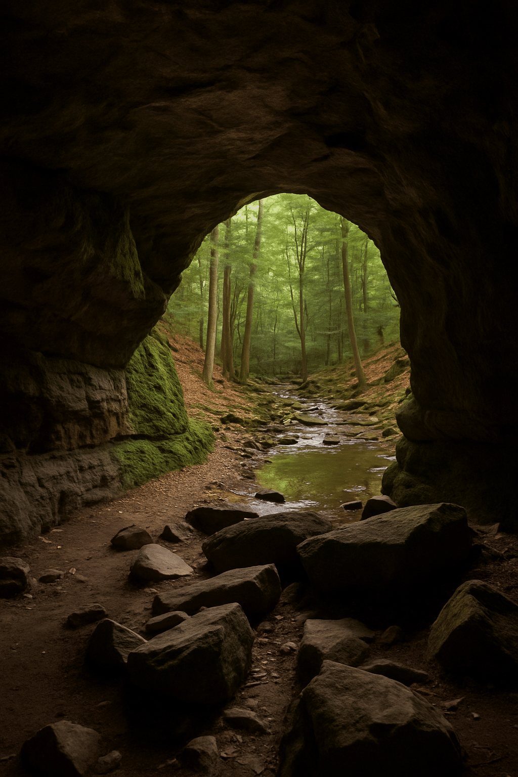 View from inside a Connecticut cave looking out to a sunlit forest with a winding stream.