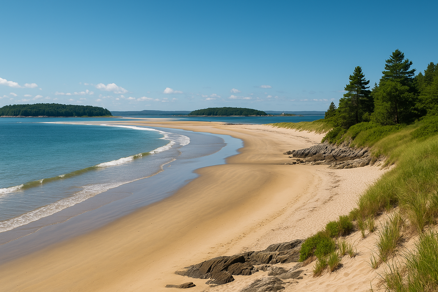 A wide, curving shoreline at Popham Beach State Park in Phippsburg, Maine, with golden sand, gentle waves, grassy dunes, and forested islands in the distance—an ideal example of secret beaches in Maine during low tide.
