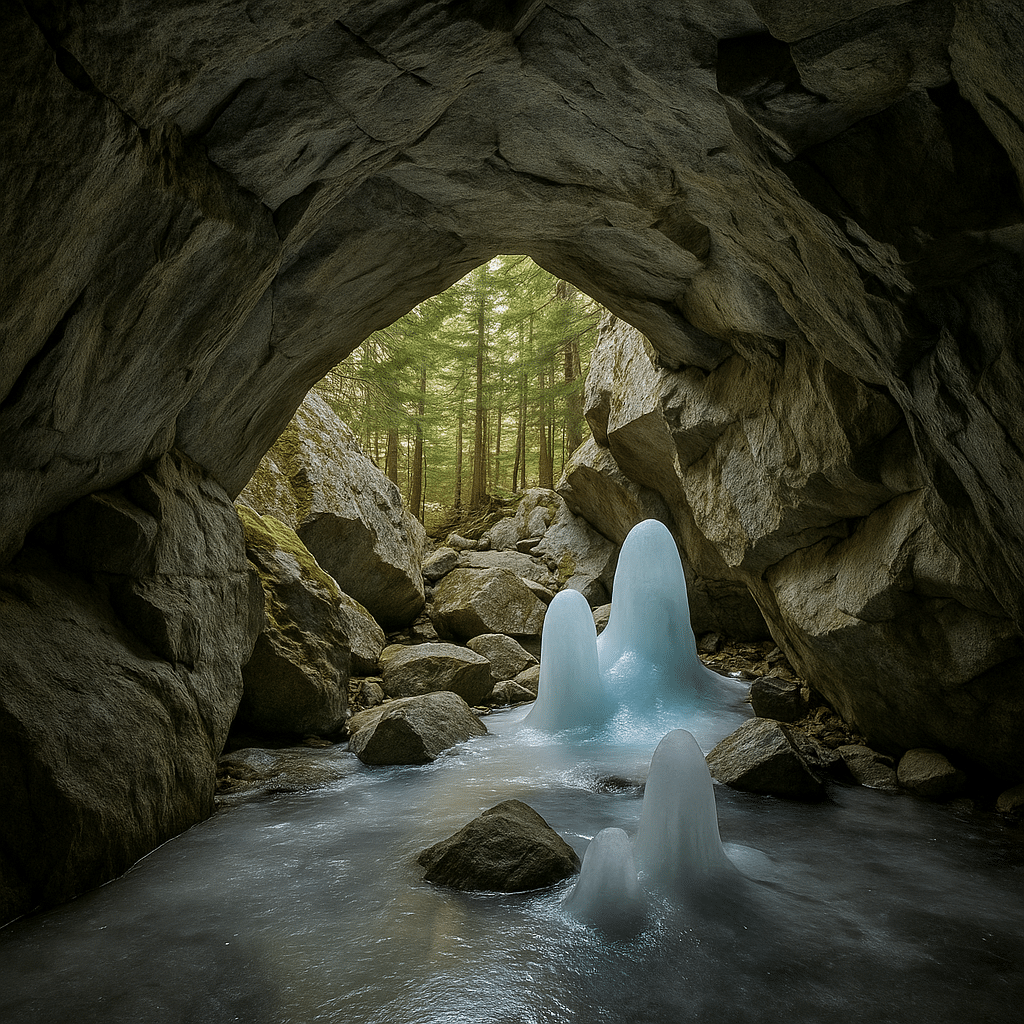 Inside New Hampshire’s ice-hold cave with granite walls, frozen ice mounds, and a forest view beyond.