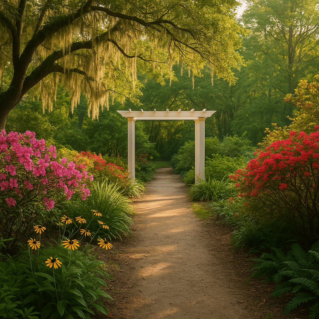 Serene garden path in a secret garden in Georgia, framed by blooming azaleas, golden flowers, and a white pergola under a tree draped with Spanish moss.
