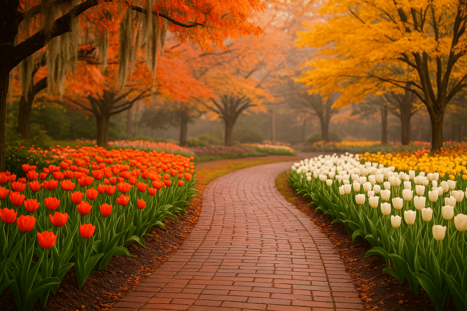 Autumn garden path in Georgia lined with blooming tulips and framed by vibrant fall foliage, showcasing the best seasons to visit secret gardens in Georgia.