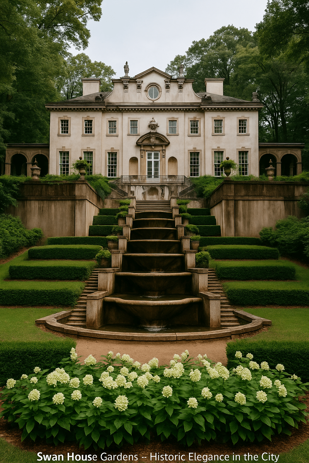 Swan House Gardens in Atlanta, Georgia, featuring a grand historic 1920s mansion with elegant Baroque architecture, terraced lawns, cascading fountains, and lush greenery.
