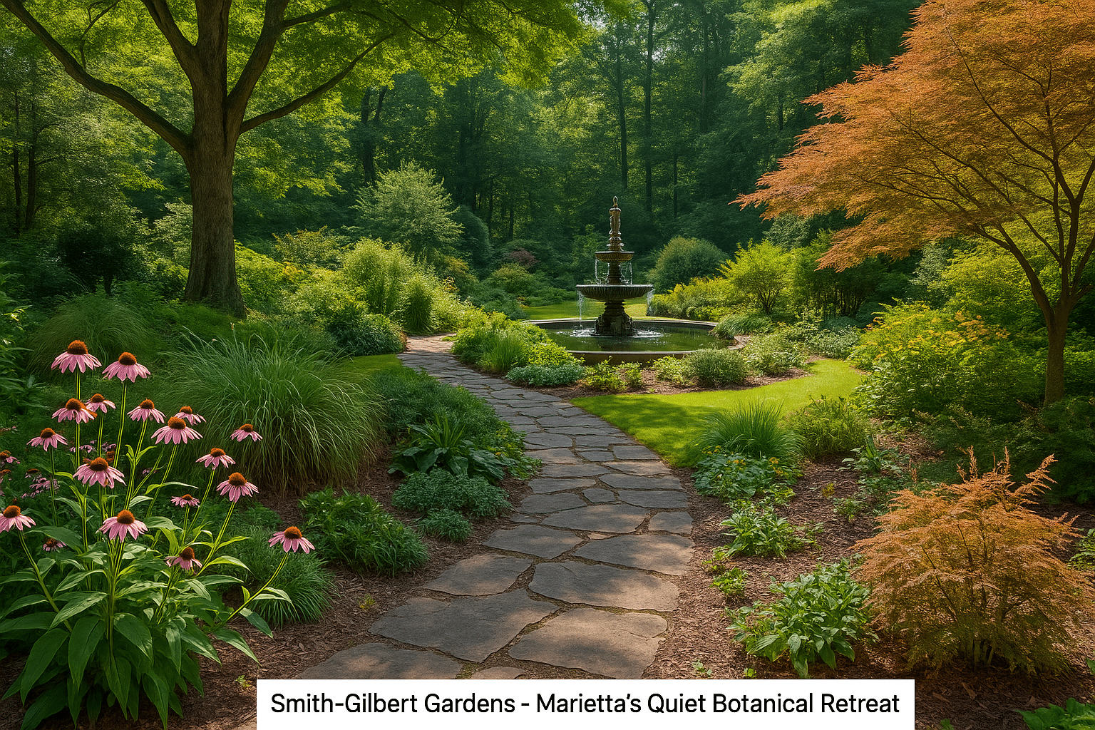 Stone pathway leading to a bronze fountain surrounded by lush greenery and blooming flowers at Smith-Gilbert Gardens in Marietta, Georgia.