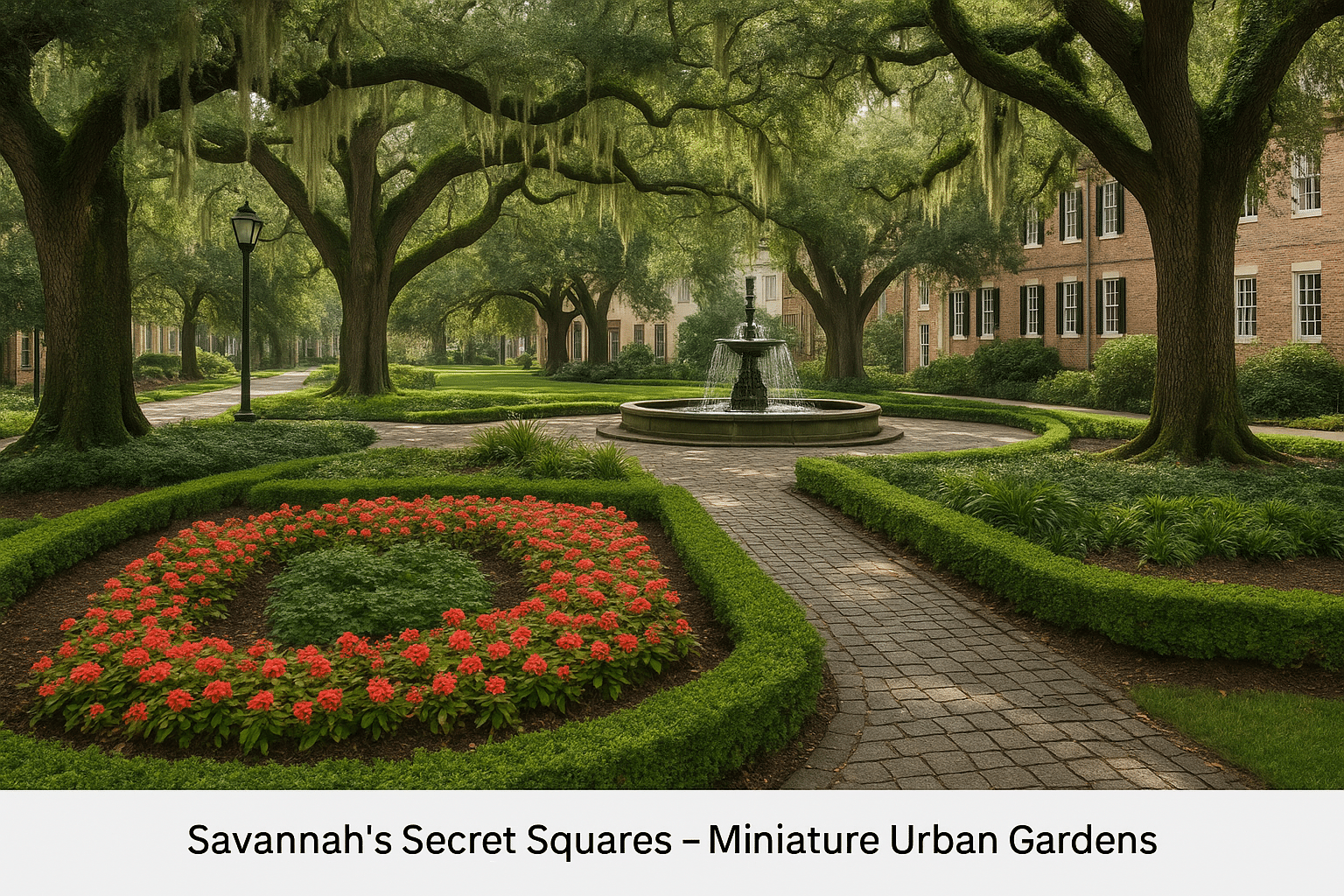 A serene view of Savannah’s Secret Squares featuring a tiered fountain surrounded by vibrant red flowers, manicured hedges, and towering live oak trees draped in Spanish moss, with historic brick buildings in the background.