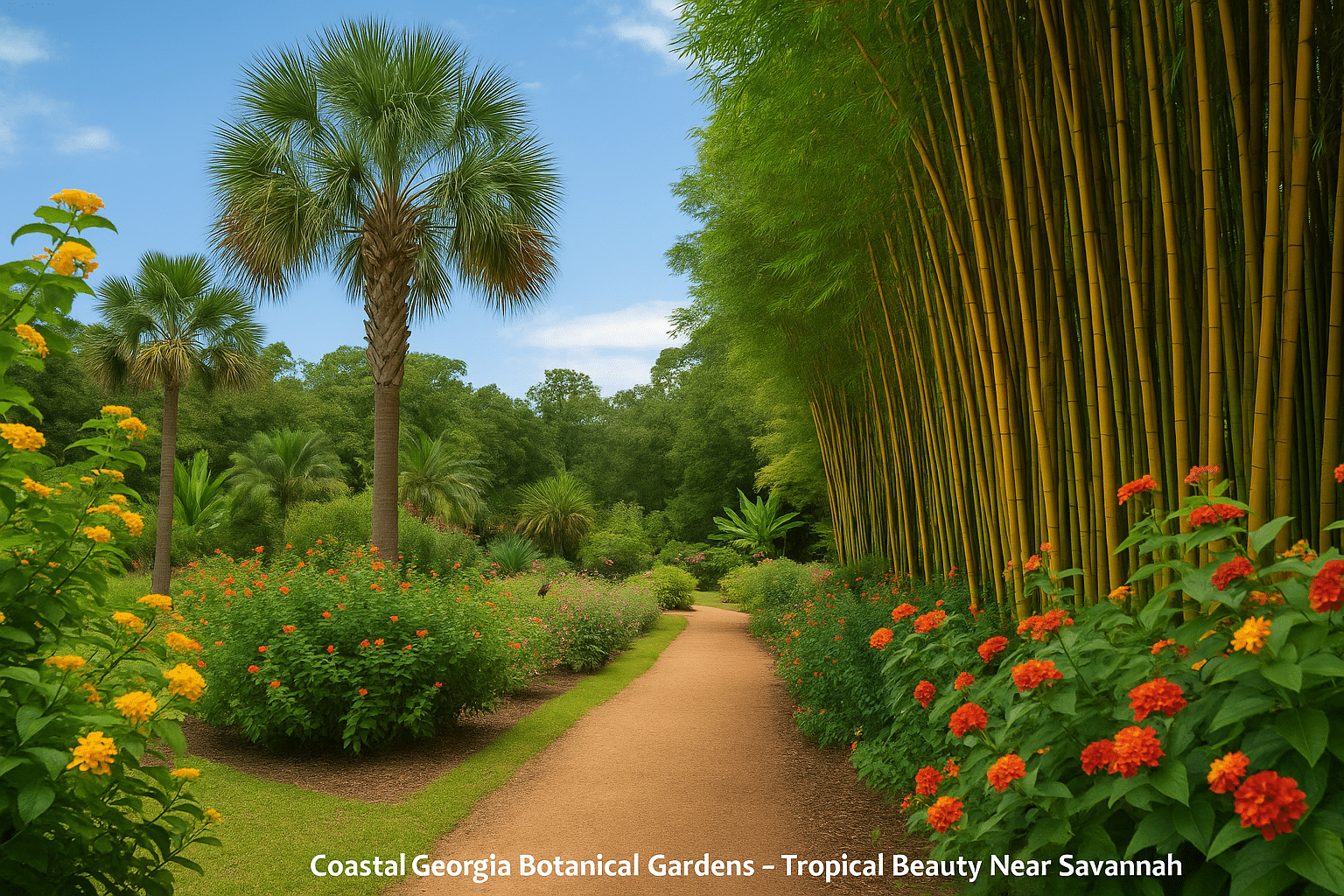 Tropical pathway at Coastal Georgia Botanical Gardens near Savannah, lined with tall bamboo, palm trees, and vibrant flowering plants under a sunny blue sky.