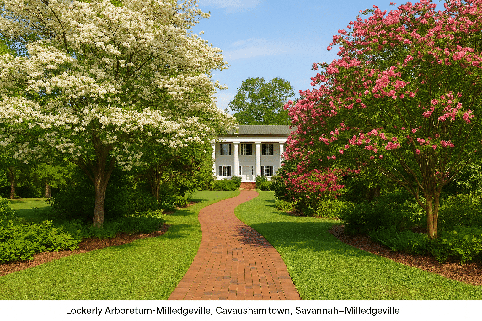 Lockerly Arboretum in Milledgeville, Georgia, featuring a historic white-columned Southern mansion framed by blooming pink and white crepe myrtle trees along a red brick pathway.