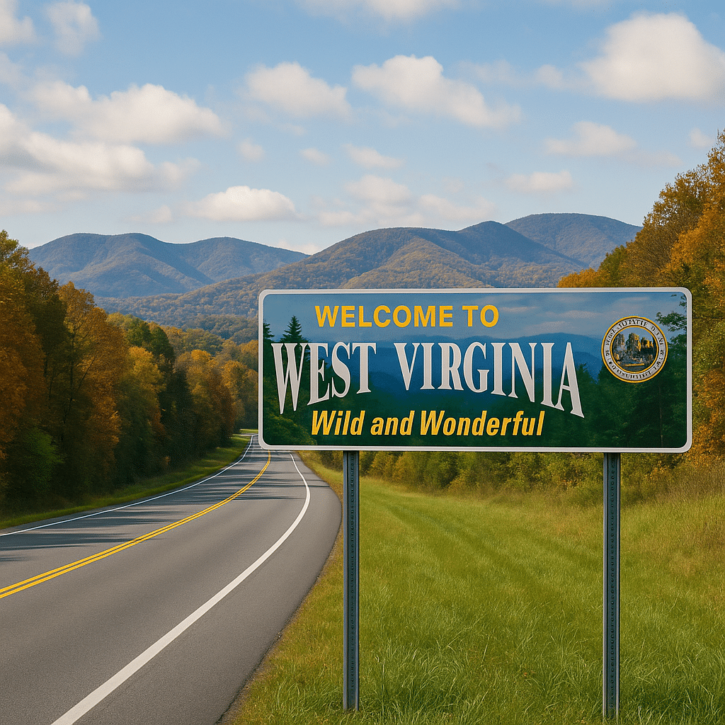 Welcome to West Virginia sign along US-340 framed by autumn foliage and West Virginia Blue Ridge Mountains in the background