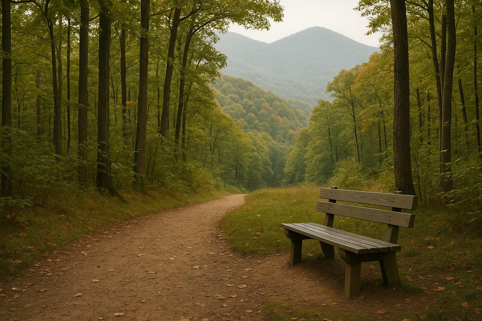 Peaceful forest trail with wooden bench in the West Virginia Blue Ridge Mountains during early autumn.