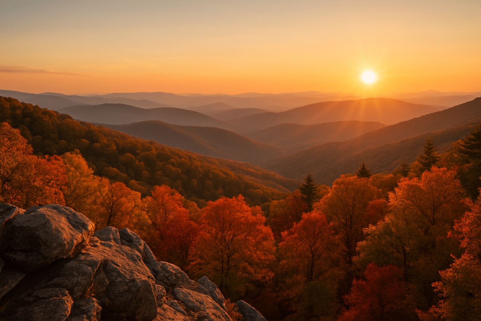 Sunset view over the West Virginia Blue Ridge Mountains with vibrant autumn foliage and rocky foreground.