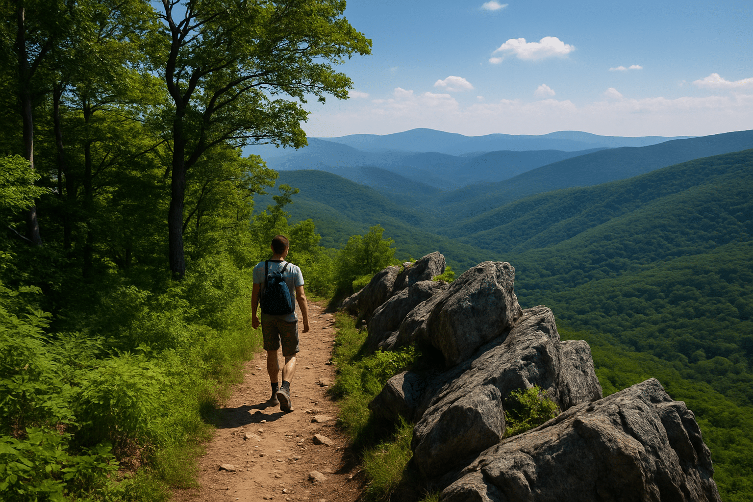 Hiker walking along a rocky trail with panoramic views of the lush West Virginia Blue Ridge Mountains.