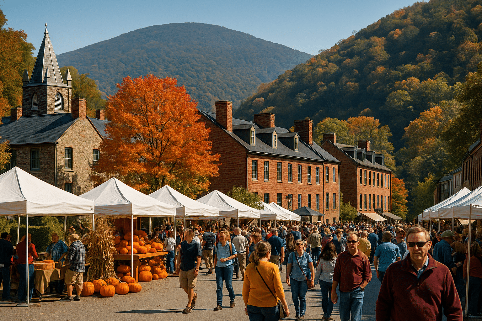 Autumn festival in a small town surrounded by the West Virginia Blue Ridge Mountains with colorful foliage and market stalls.