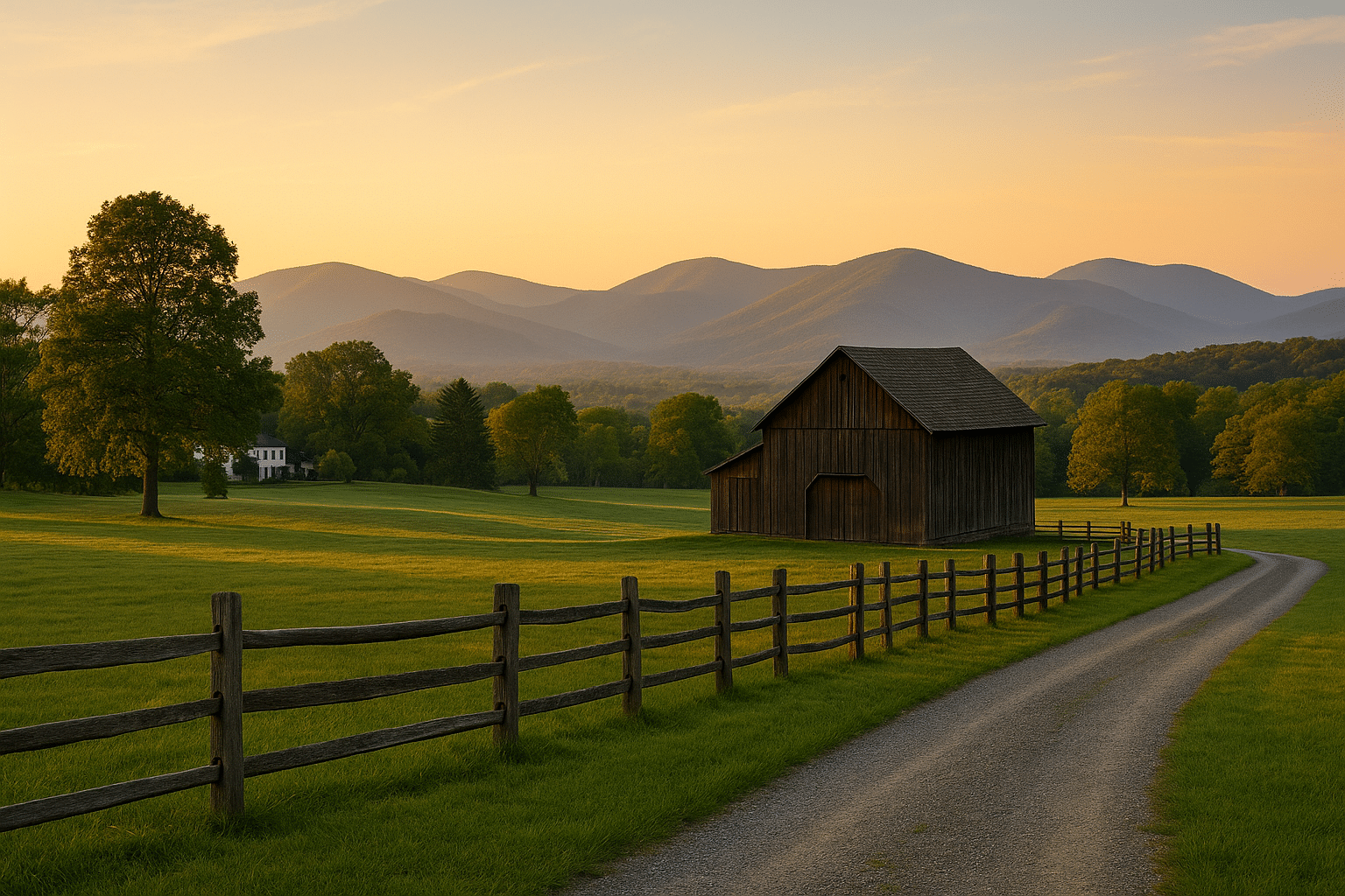 Golden hour view of a rustic barn and gravel road in the West Virginia Blue Ridge Mountains, surrounded by rolling hills and trees.
